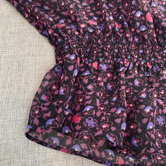 American Eagle Outfitters Purple Floral Blouse Cinched Waist Short Sleeve XS - Picture 6 of 11